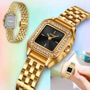 Montre Gosasa pour femme, modèle carré tendance avec bracelet en acier inoxydable serti de diamants, étanche, à quartz.